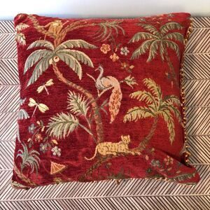 Vintage Tapestry Throw Pillow with Wood Beads Exotic Animal Scene Maximalist HTF